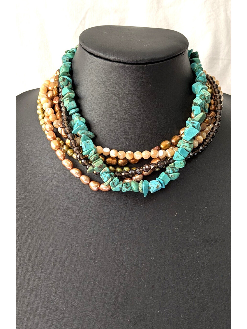 Multi Strand Turquoise Statement Necklace Chunky Gemstone Pearl Boho 925 16"